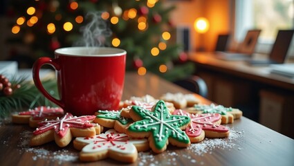A vividly festive scene of Christmas cookies sitting on a cluttered office desk next to a steaming coffee mug, set against a background of twinkling lights and holiday decorations