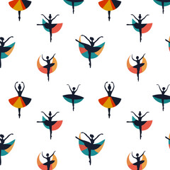 White background with a dance mood.Vector seamless pattern with silhouettes of dancing ballerinas on a white background.