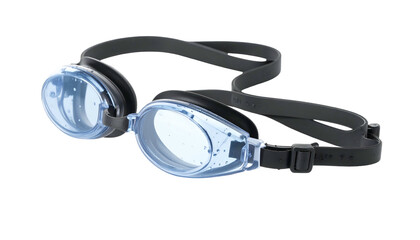Blue-lensed swim goggles with black strap on a black background