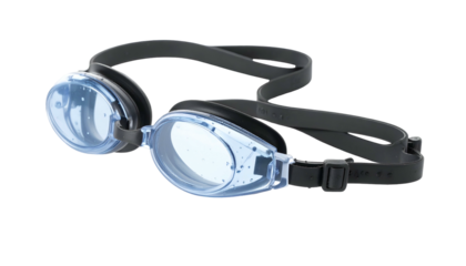 Blue-lensed swim goggles with black strap on a black background
