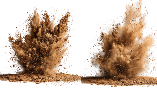 Powerful dirt explosions.  Two massive bursts of brown earth,  explosively erupting outward