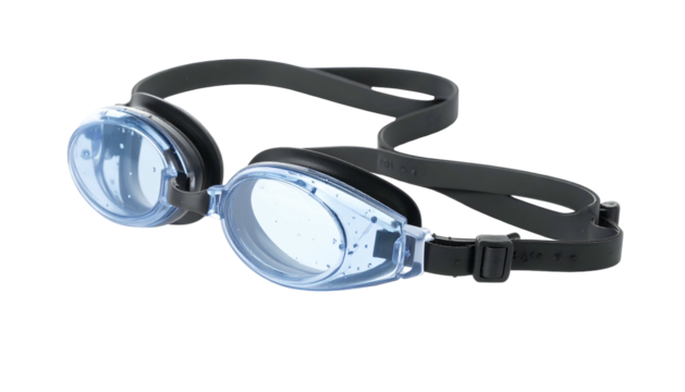 Blue-lensed swim goggles with black strap on a black background