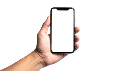 A hand holding a smartphone with a blank white screen against a black background