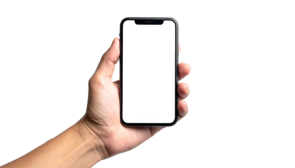 A hand holding a smartphone with a blank white screen against a black background