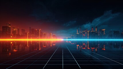 Cybernetic abstract background neon grid lines and a dark futuristic cityscape reflection