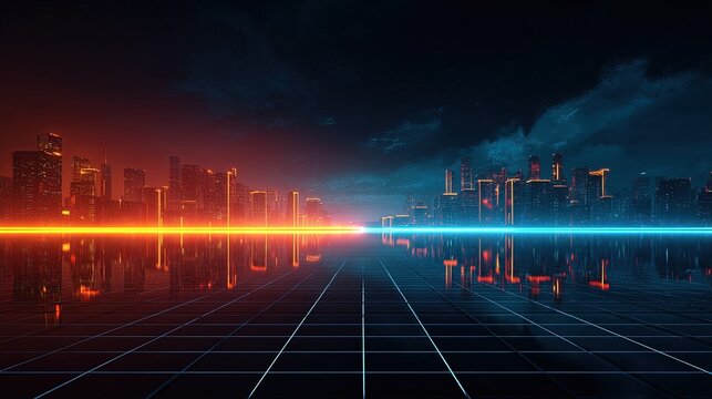 Cybernetic abstract background neon grid lines and a dark futuristic cityscape reflection