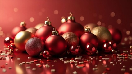 Arranged on a sleek, modern background, the red and gold Christmas ornaments gleam with an exquisite vibrancy that captures the holiday spirit