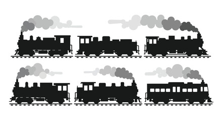 Classic steam trains emitting smoke on railroad tracks industrial transportation retro era vector © Sazid