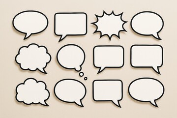 Obraz premium Blank comic-style speech bubbles with bold outlines arranged on a light beige background in a creative layout for design or message concepts. Ai generative