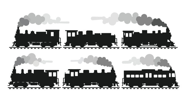 Classic steam trains emitting smoke on railroad tracks industrial transportation retro era vector