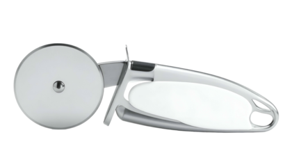 Shiny pizza cutter, metallic handle, lying on a black background