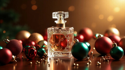 Elegant crystal perfume bottle adorned with intricate gold accents and delicate swirl patterns, surrounded by an assortment of exquisite Christmas ornaments in shades of crimson