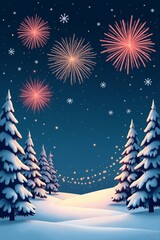 Holiday card template featuring vibrant fireworks explosions in a night sky and intricate winter lights adorning snow-covered trees