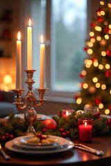 Holiday card with a warmly lit festive table setting