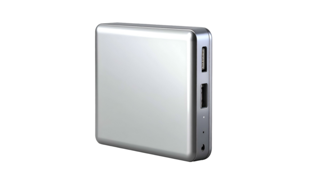 Shiny silver portable battery pack with ports on top