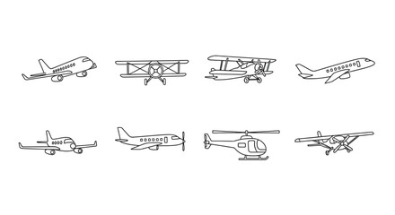 Collection of diverse aircraft types depicted in a detailed line art style suitable for aviation themes vector © Sazid