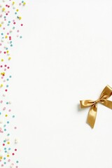 Minimalist greeting card featuring vibrant confetti in shades of pink, blue, and yellow, accompanied by a delicate metallic ribbon in gold, styled in a festive and celebratory manner