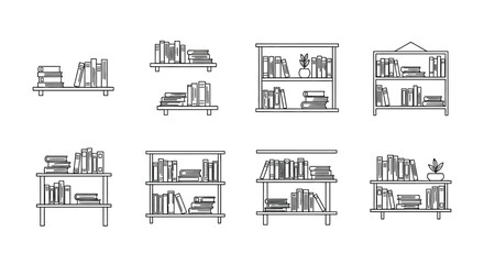 Collection of bookshelves filled with books artistic sketch style for home and library decor vector