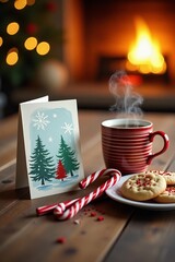 Mockup of a holiday greeting card with a warm golden glow, placed next to a steaming coffee mug with a candy cane leaning against it, and a plate of freshly baked Christmas cookies with red and green 