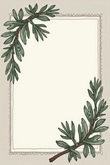 Scandinavian style greeting card featuring intricately arranged pine branches in muted tones of mossy green and weathered wood