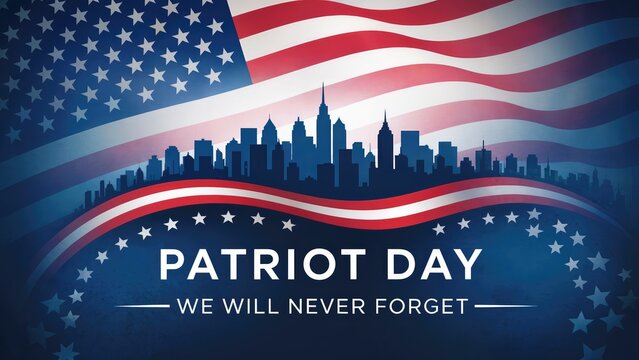 Remember Patriot Day with a solemn cityscape silhouette against a vibrant American flag backdrop