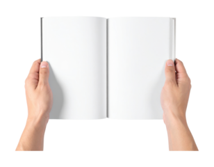Pair of hands holding an open, blank paperback book, as if reading, isolated on transparent background, png