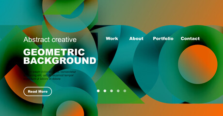 Obraz premium Abstract geometric background features vibrant colors, overlapping shapes, text elements, navigation menu. Modern design suitable website header.