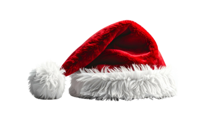 Red Christmas hat with fluffy white trim on a black background