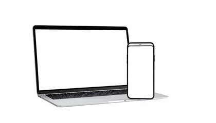 A laptop and smartphone, both with blank white screens, sit side-by-side on a black background (1)
