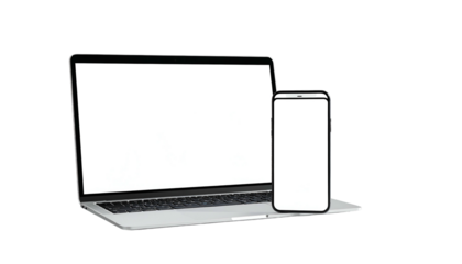 A laptop and smartphone, both with blank white screens, sit side-by-side on a black background (1)