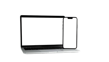 Laptop & smartphone with white screens, set against black, isolated, modern tech devices