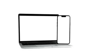 Laptop & smartphone with white screens, set against black, isolated, modern tech devices