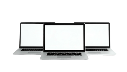 Three laptops, arranged in a row with blank screens, against a stark black background