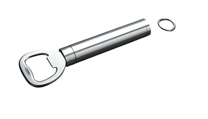 Metallic bottle opener, partially disassembled, with a cylindrical body and ring, against black