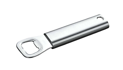 Sleek, metallic bottle opener angled on black background, showing detail