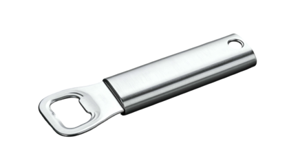 Sleek, metallic bottle opener angled on black background, showing detail