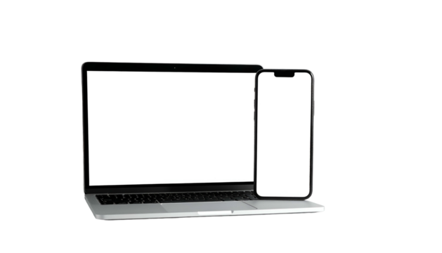 Laptop & smartphone with white screens, set against black, isolated, modern tech devices
