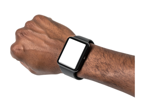 Close-up on a male wrist with a dark skin tone, wearing a modern smartwatch with a blank screen, isolated on transparent background, png