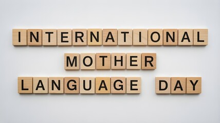 Top view of the word international mother language day laid out from square wooden tiles isolated on white background. World and international day.
