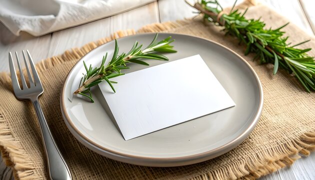 Place card mockup on ceramic plate with rosemary sprig and burlap table runner