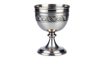 Ornate silver chalice with decorative border, footed base