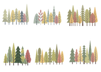 Minimal forest illustration, forest trees flat design, modern forest vector art , abstract forest illustration with simple colorful trees in minimalist style