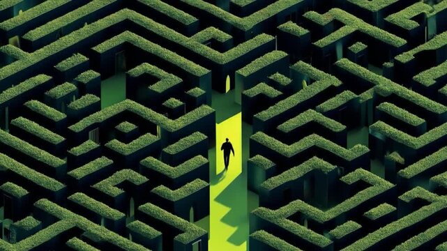 Person navigating a green maze under bright sunlight in detailed illustration