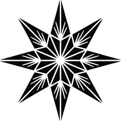 A stylized black starburst pattern with sharp geometric lines and radiating fan shapes.