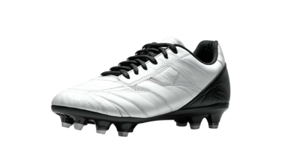 White and black leather soccer shoe with black laces, low angle