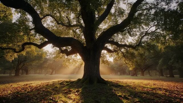 A large, ancient tree dominates a sun-drenched park scene, with dappled light and fallen leaves