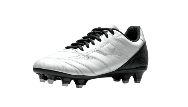White and black leather soccer shoe with black laces, low angle