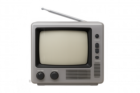 Retro television set with antenna and blank screen representing vintage media and old technology, transparent background