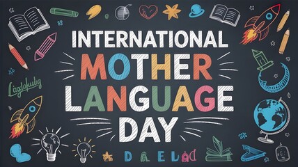 International mother language day on school black chalkboard background with doodle