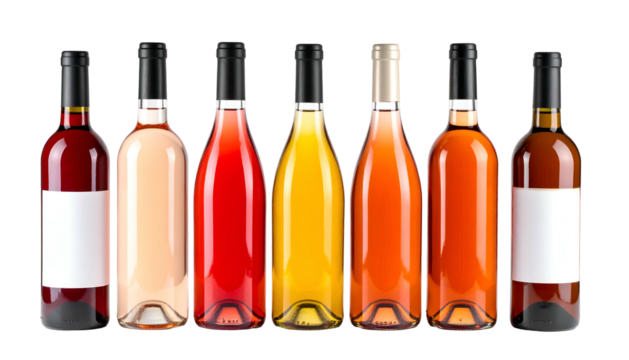 Six glass bottles, each filled with a different colored wine, lined up against black